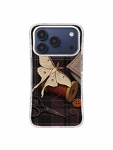 Moth at the Missing Button iPhone 17 Pro Case pattern 5 with moon moth, rust thread and storybook sewing scene