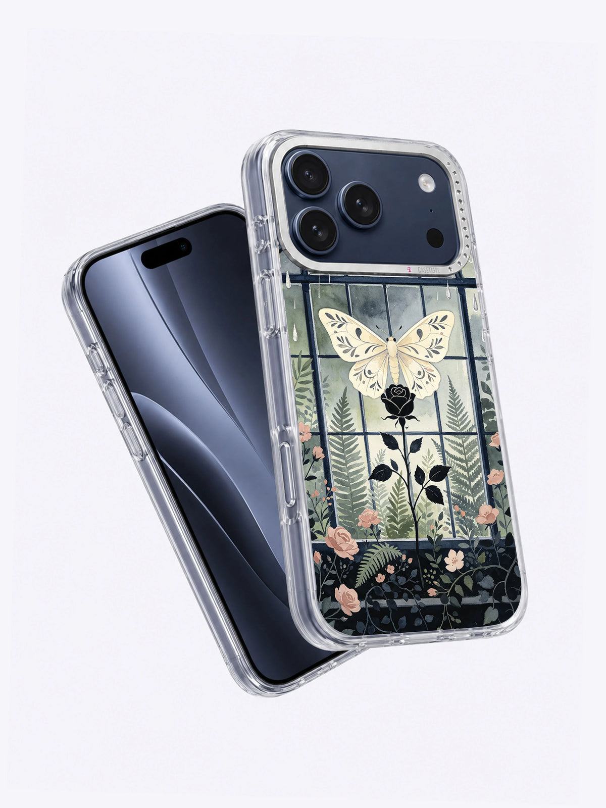Angled view of The Moth Conservatory iPhone case