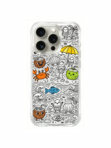 Fully packed multi-colored cheerful beach creature cute doodle iPhone 15 pro Case, high-clarity premium phone casing, trending summer-themed women’s phone cover from PhoneCasing.