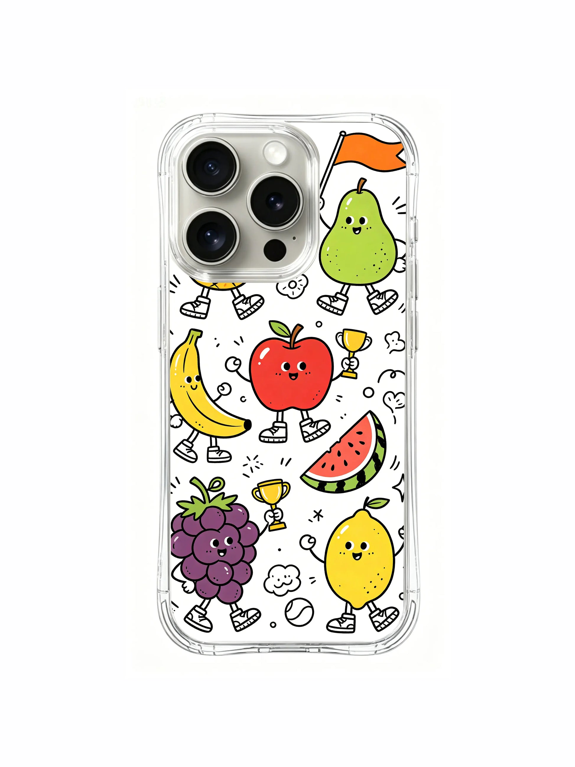 Fully packed multi-colored cheerful fruit athlete cute doodle iPhone 16 pro Case, high-clarity premium phone casing, trending summer-themed women’s phone cover from PhoneCasing.
