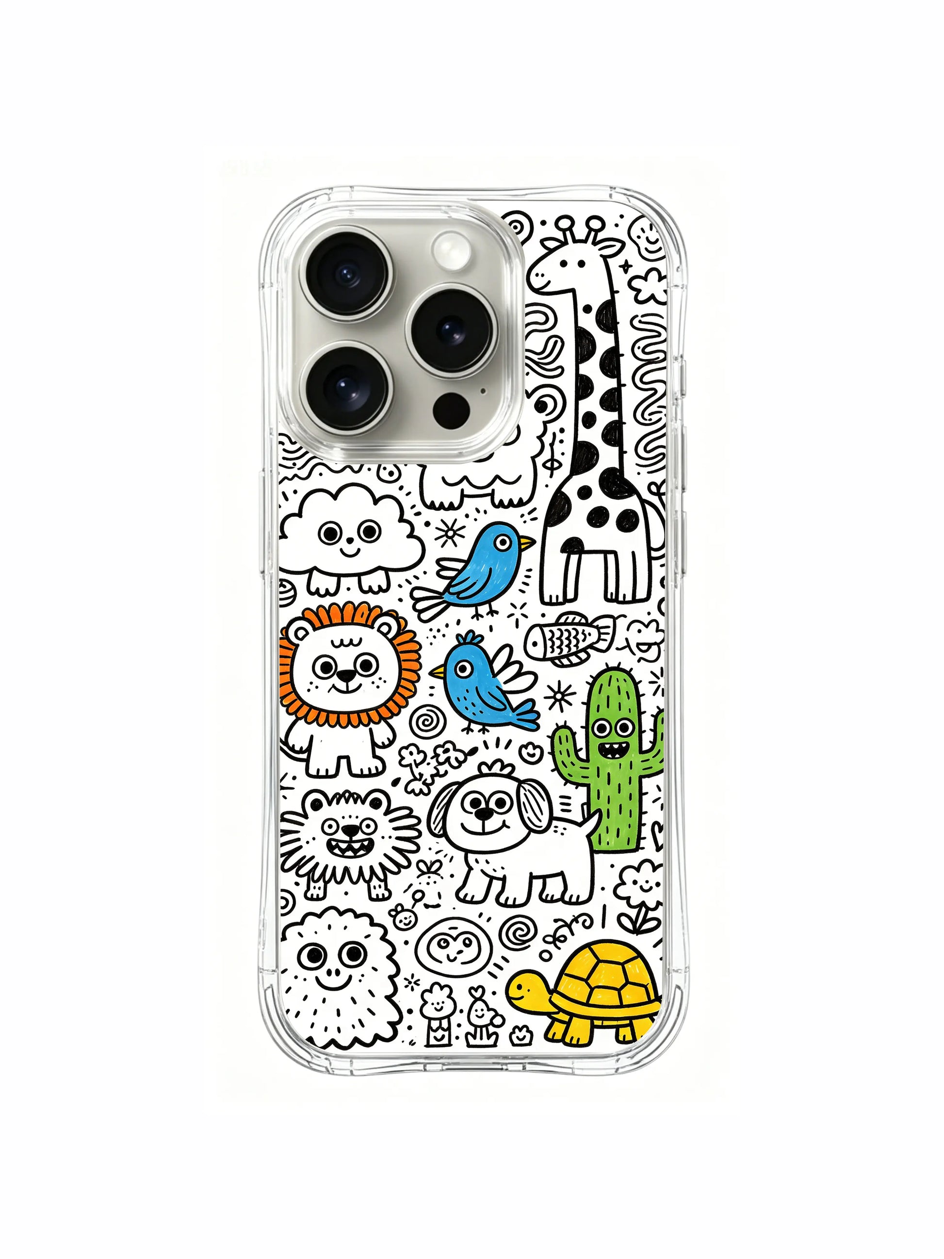 Fully packed multi-colored cheerful monster zoo creature cute doodle iPhone 15 pro Case, high-clarity premium phone casing, trending whimsical-themed women’s phone cover from PhoneCasing.