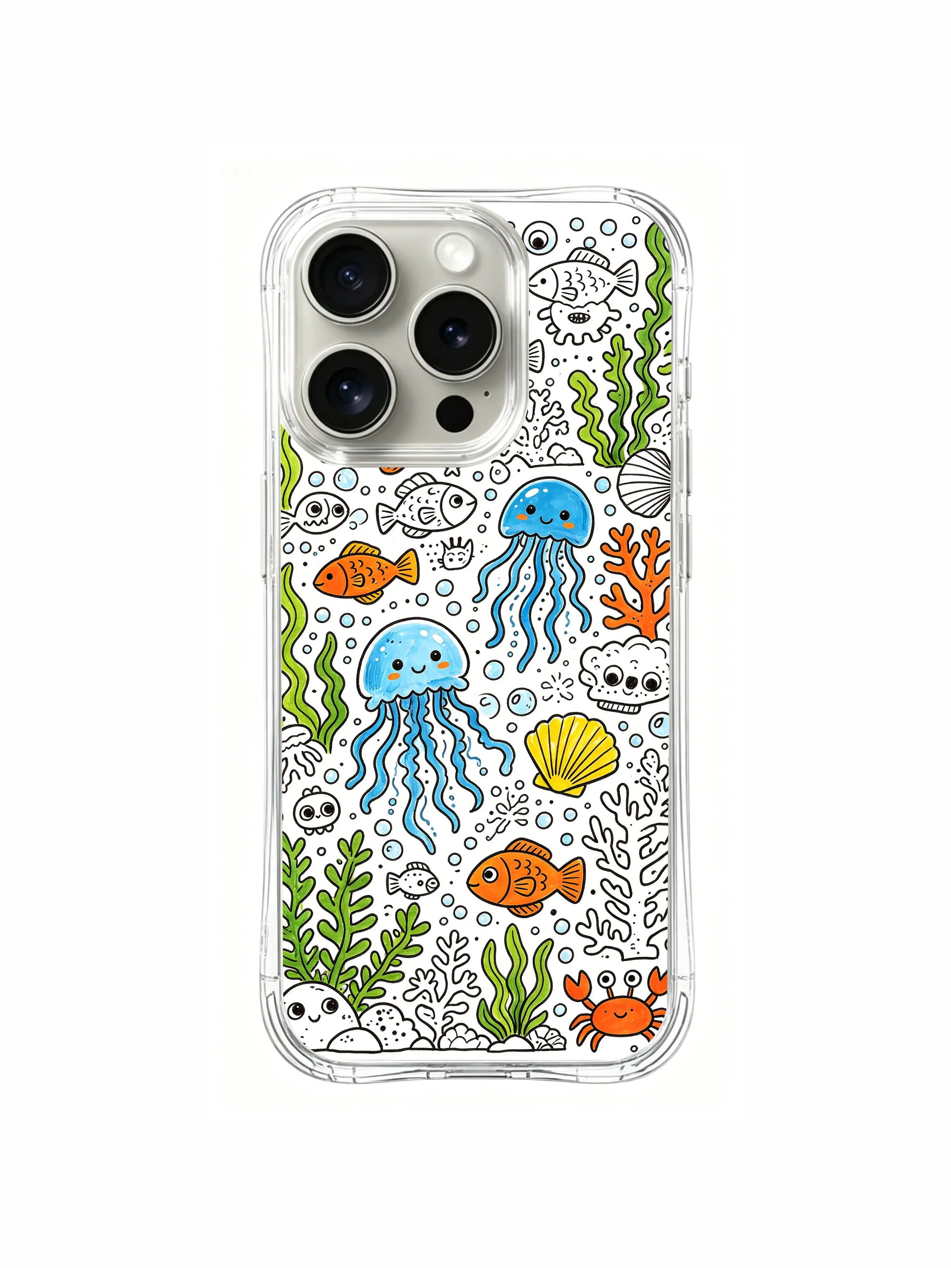 Fully packed multi-colored ocean creature cute doodle iPhone 15 pro Case, high-clarity premium phone casing, trending women’s aesthetic phone cover from PhoneCasing.