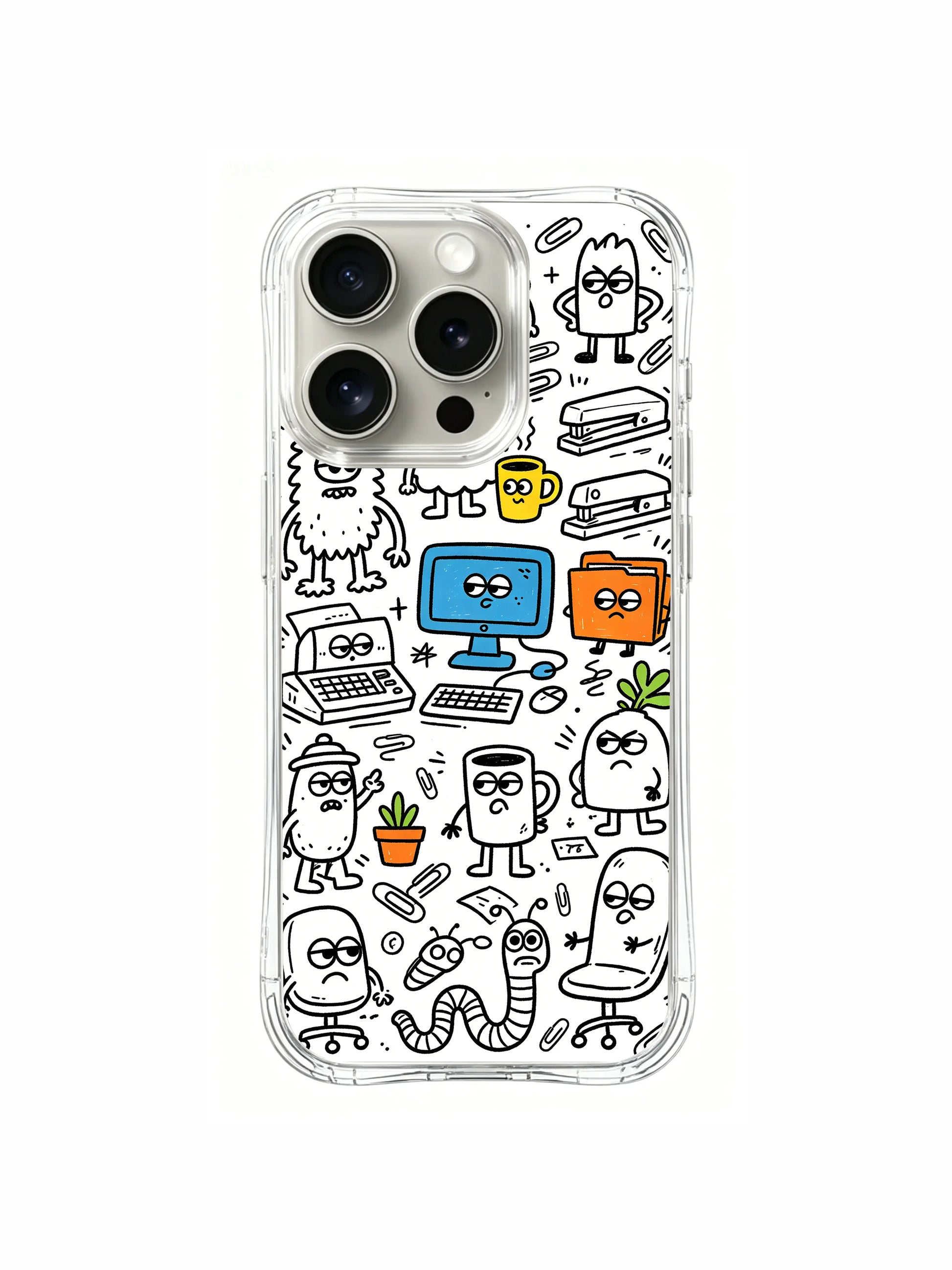 Fully packed multi-colored exhausted office monster cute doodle iPhone 15 pro Case, high-clarity premium phone casing, trending office-themed women’s phone cover from PhoneCasing.