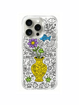 Fully packed multi-colored cheerful vase creature cute doodle iPhone 15 pro Case, high-clarity premium phone casing, trending whimsical-themed women’s phone cover from PhoneCasing.
