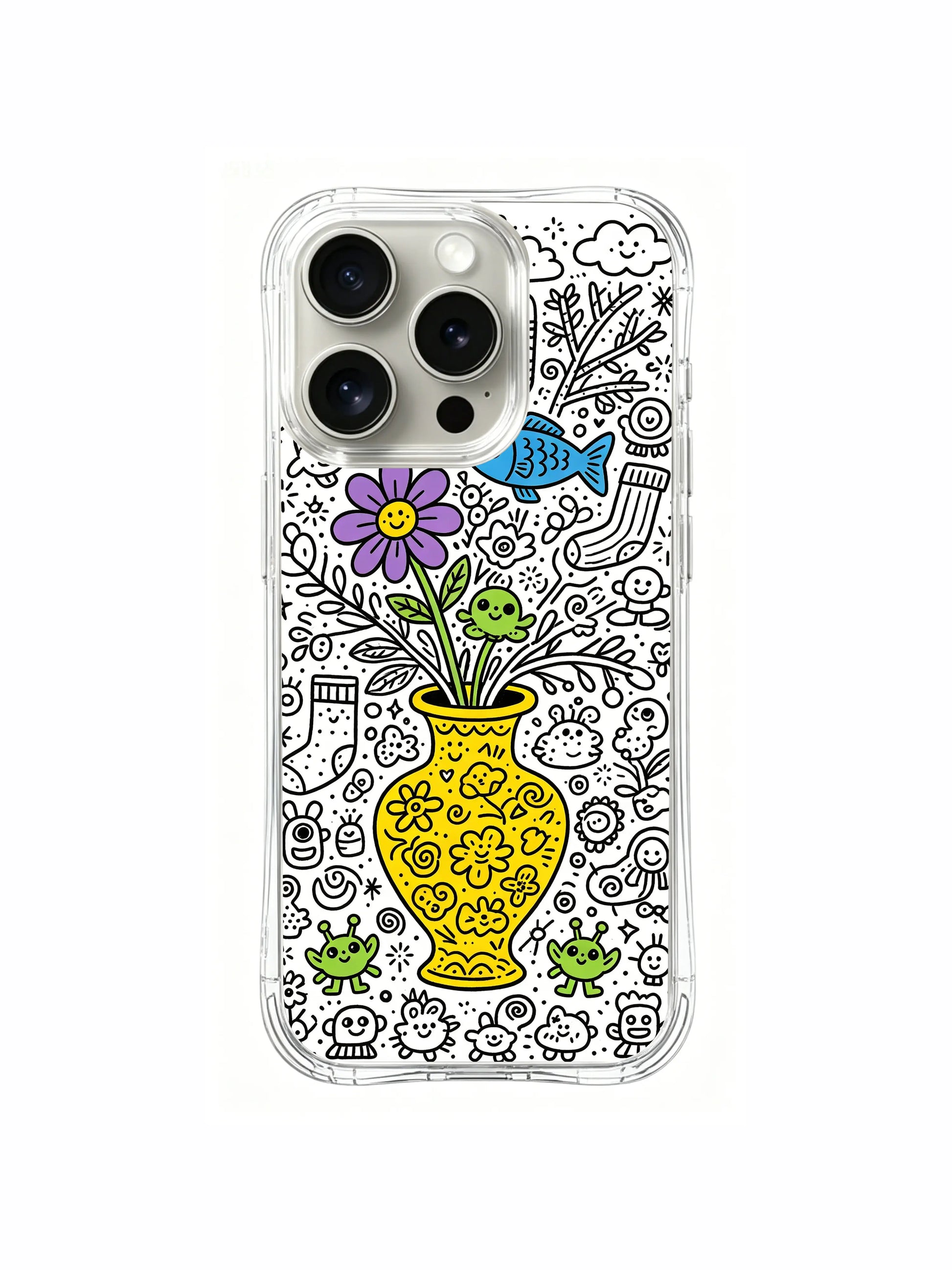 Fully packed multi-colored cheerful vase creature cute doodle iPhone 15 pro Case, high-clarity premium phone casing, trending whimsical-themed women’s phone cover from PhoneCasing.