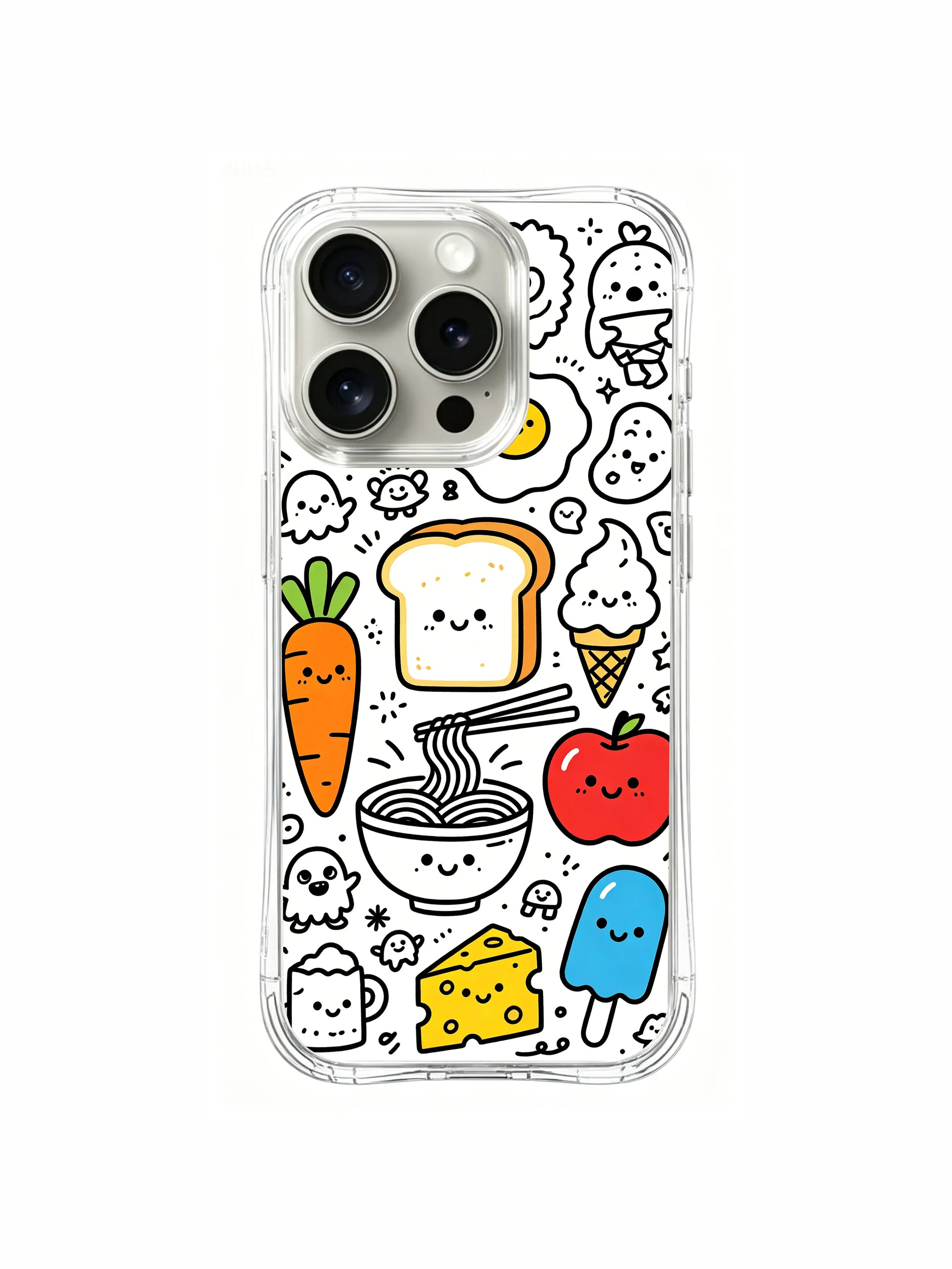 Packed multi-snack cute doodle design iPhone 15 pro Case, premium high-clarity phone casing, popular women’s aesthetic phone cover from PhoneCasing.