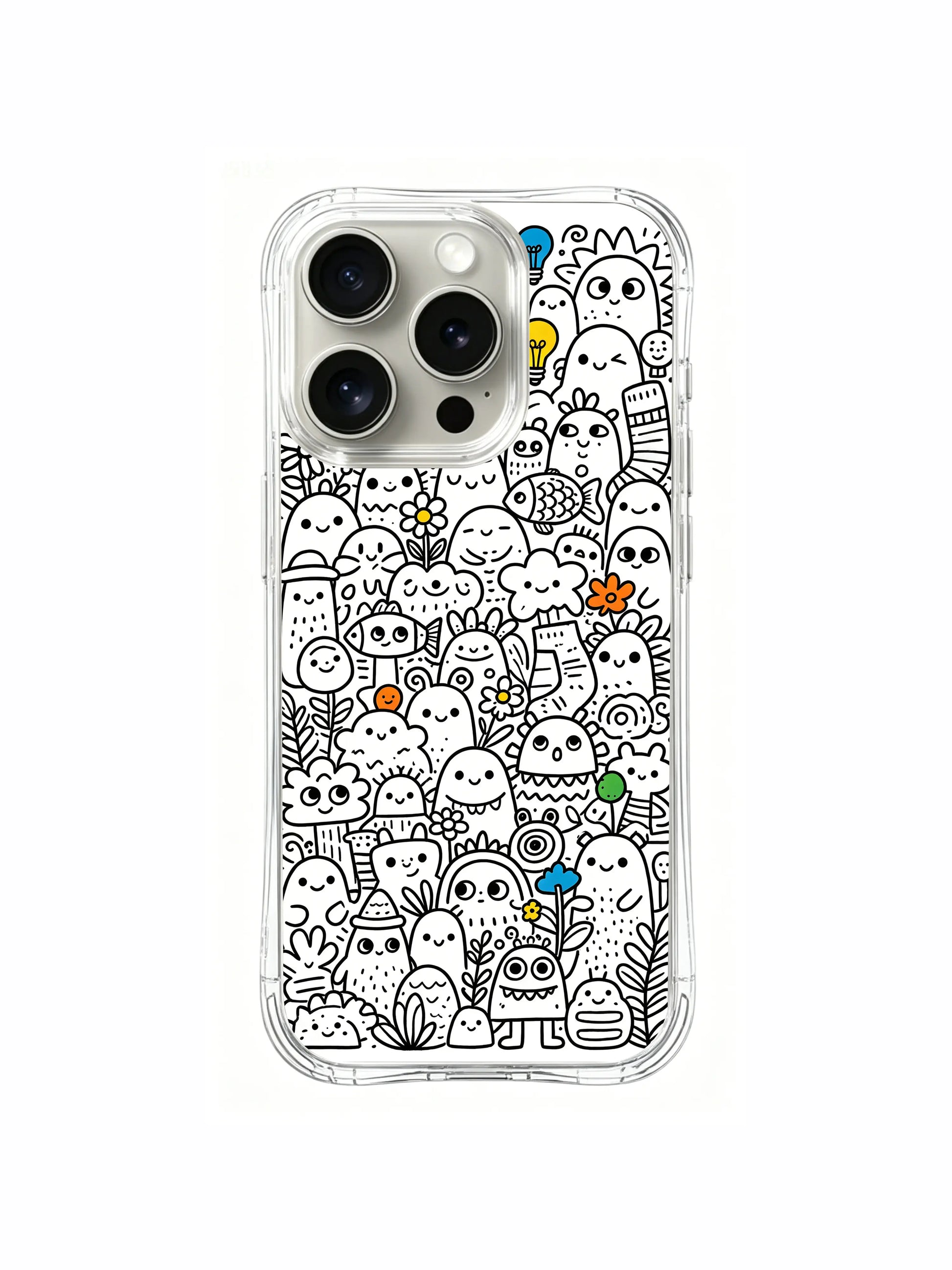 Multicolor spot highlight doodle monster iPhone 16 pro Case, collectible limited-run phone casing from PhoneCasing, original artist-designed protective phone cover for iPhone 16 Pro.