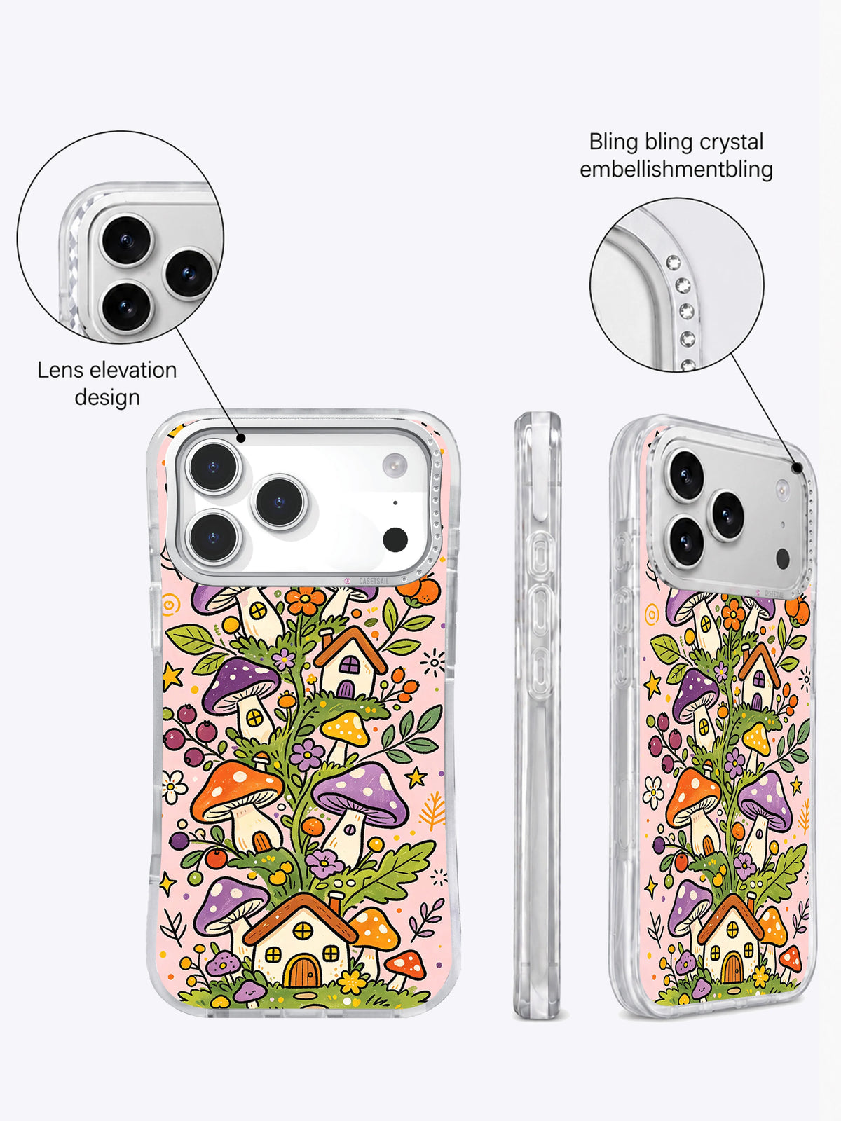 Colorful mushroom house illustration detail on phone case