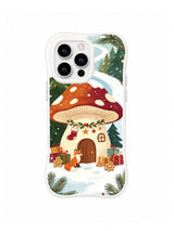Mushroom hearth iPhone 15 Pro case with cranberry garland, stockings, gifts and fox