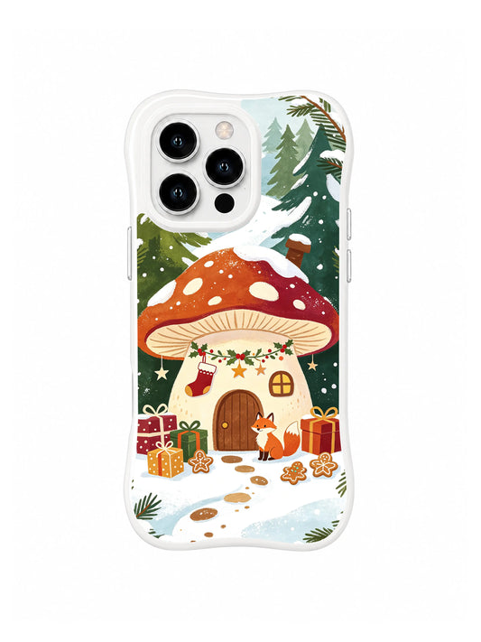 Mushroom cottage iPhone 15 Pro case with evergreen trees, gifts and a fox on a snowy path