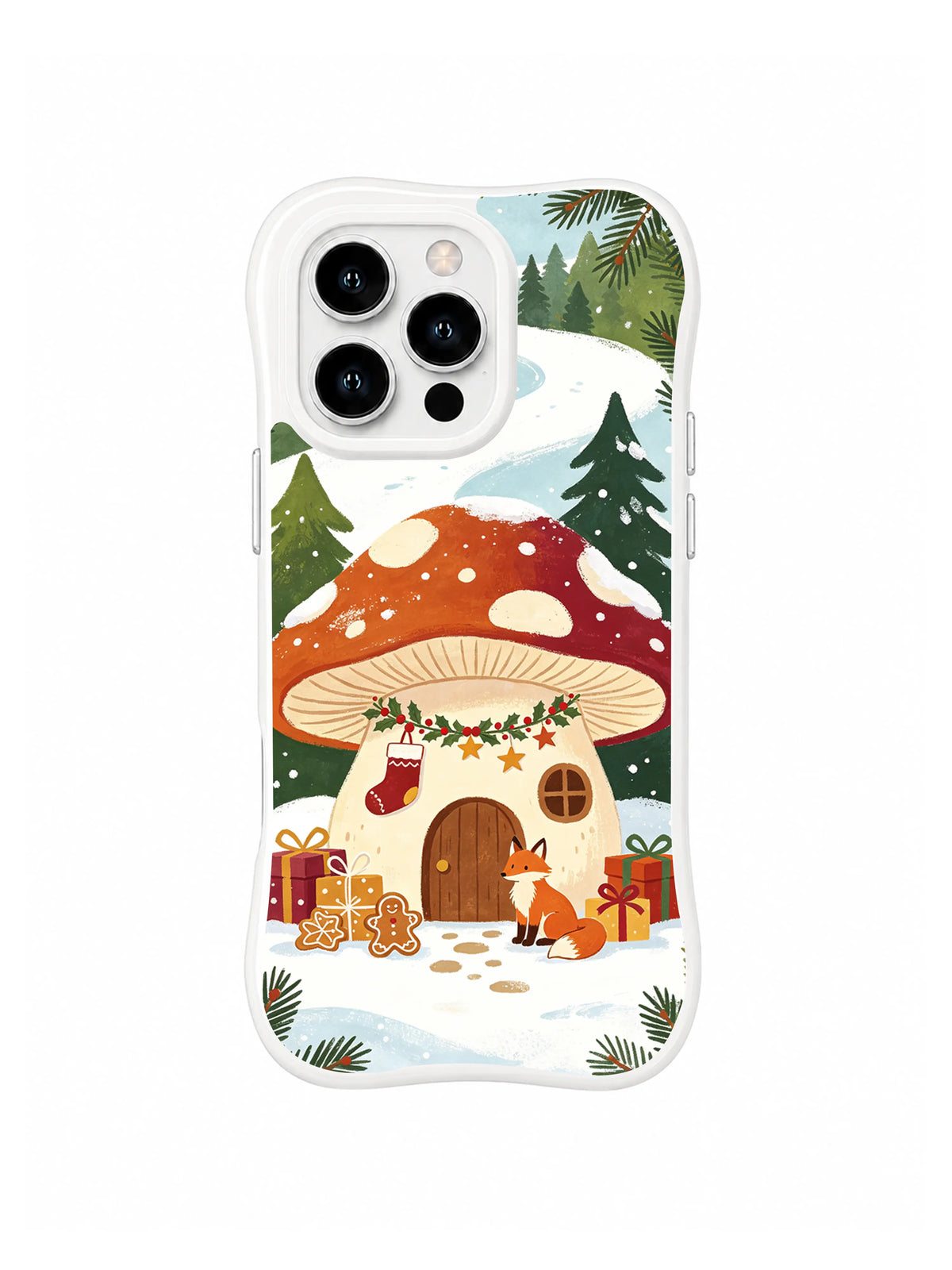Snowcapped mushroom home iPhone 15 Pro case with fox, garland and gift boxes