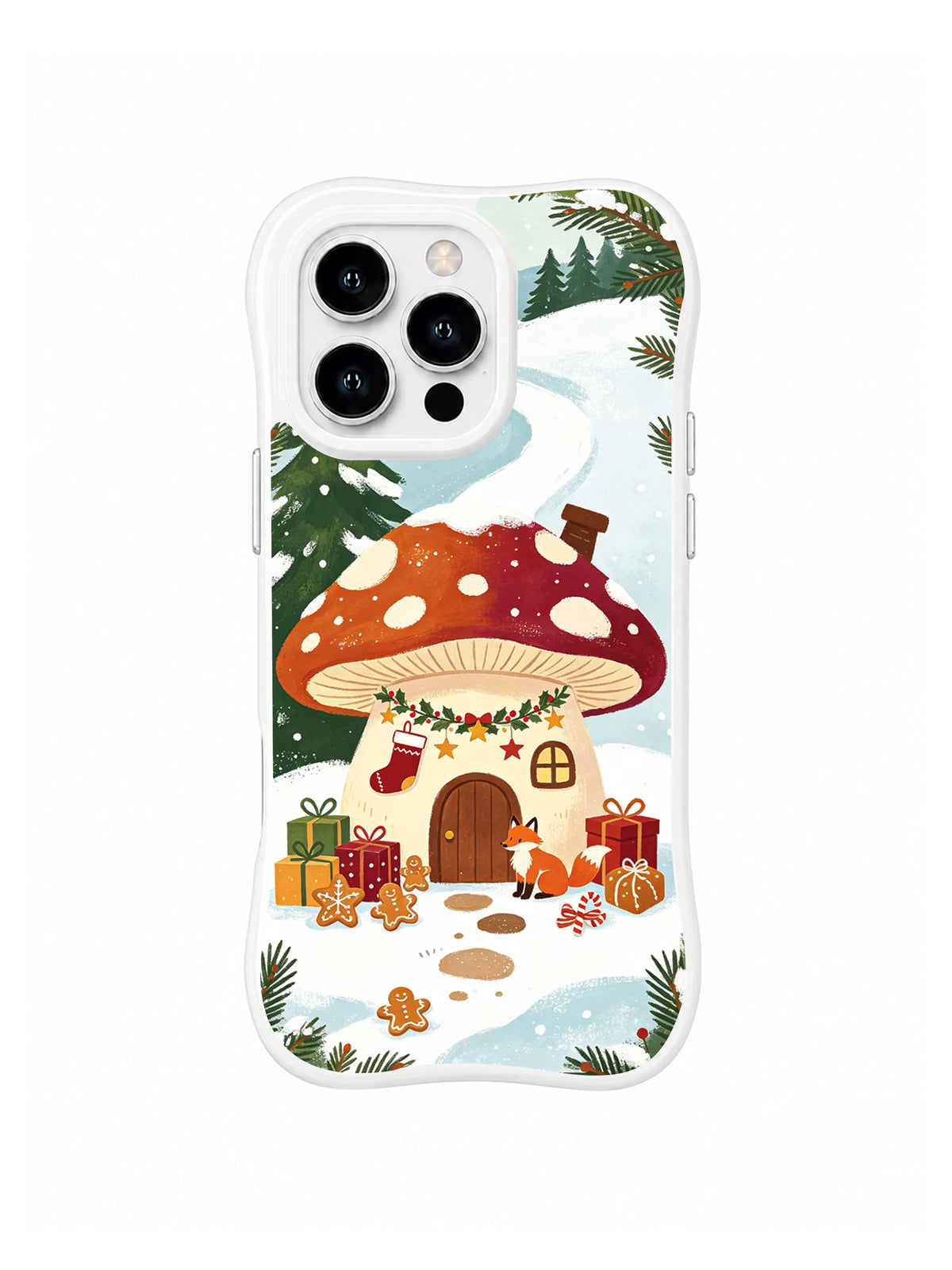 Christmas mushroom cottage iPhone 15 Pro case with red gifts, gingerbread and snowy pines