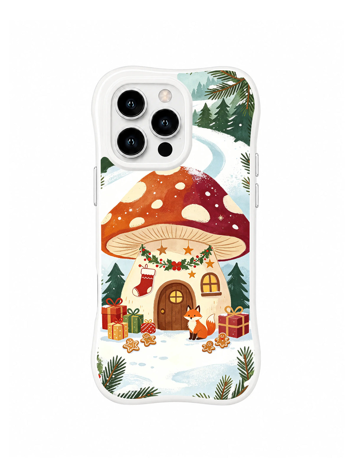 Mushroom house iPhone 15 Pro case with holly windows, paper stars, presents and a small fox