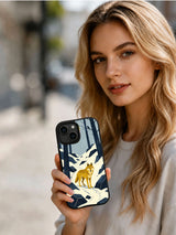 Person holding the Mustard Wolf Trail black iPhone 13 case outdoors