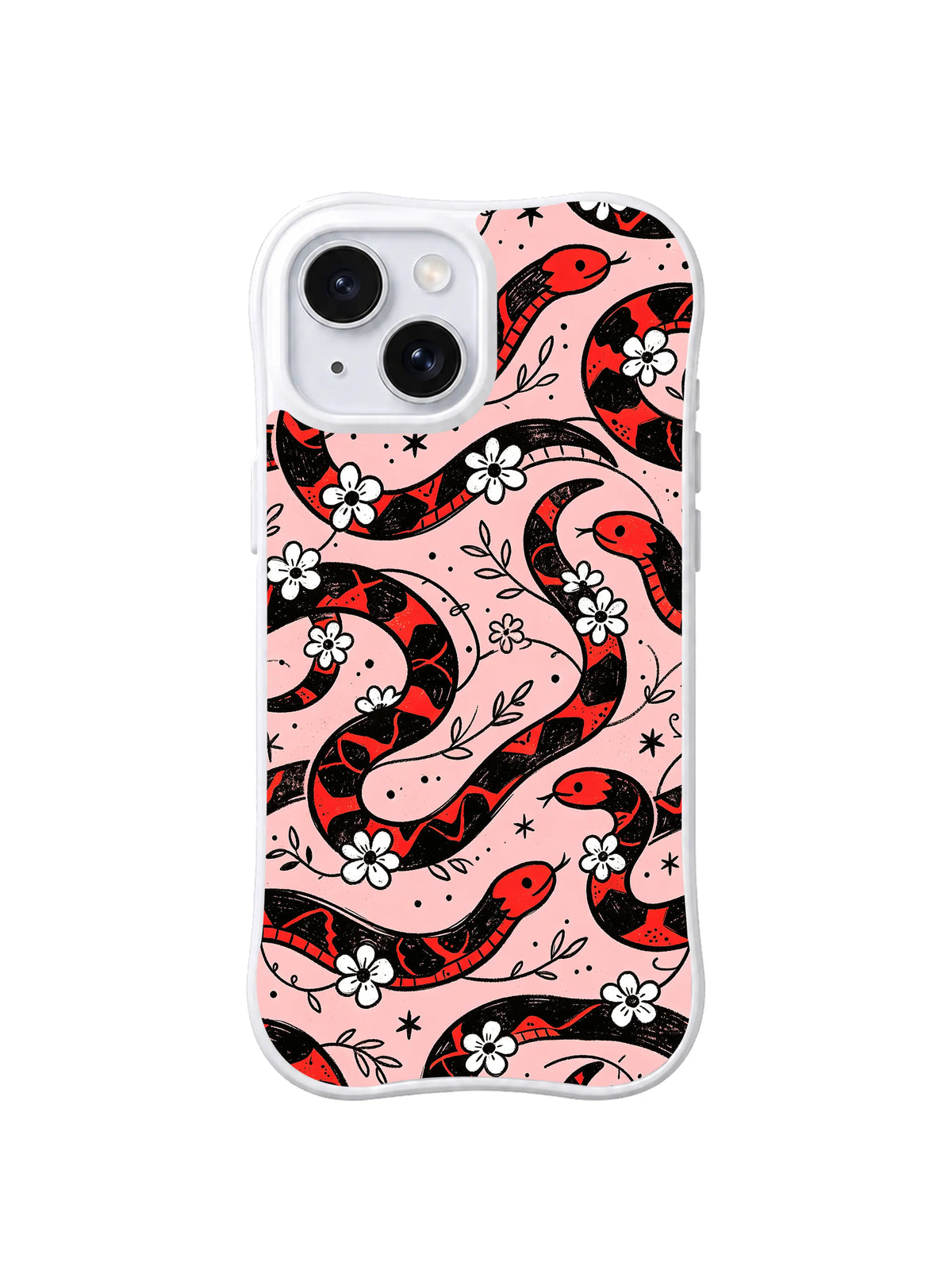 Mystic Snake Star Vines: Large coral snakes cross black vines, white flowers and tiny stars.