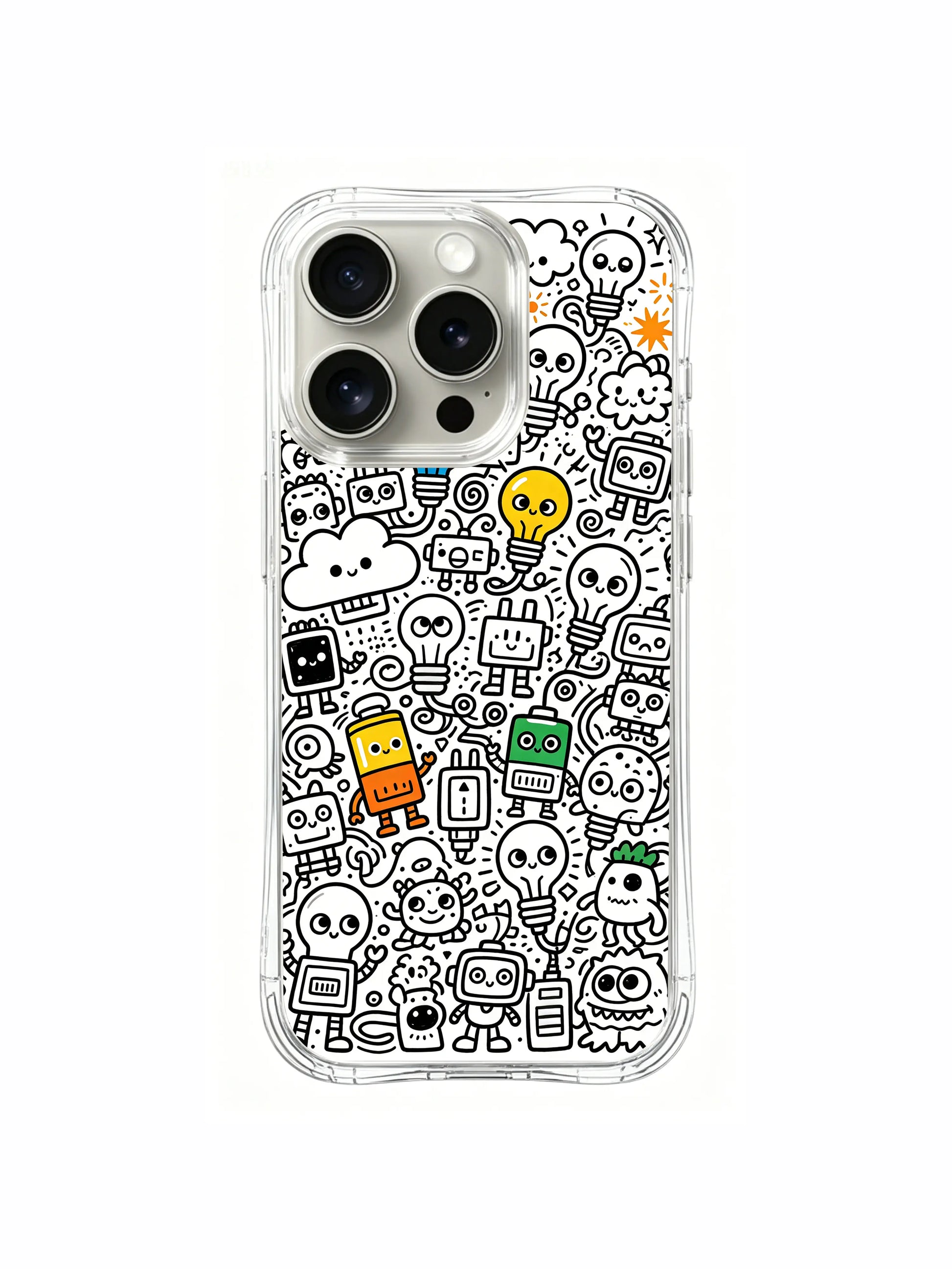 Modern naive expression bulb club hand sketch iPhone 15 pro Case, Nico Scribble signature US-made phone casing from PhoneCasing, upscale everyday art phone cover.
