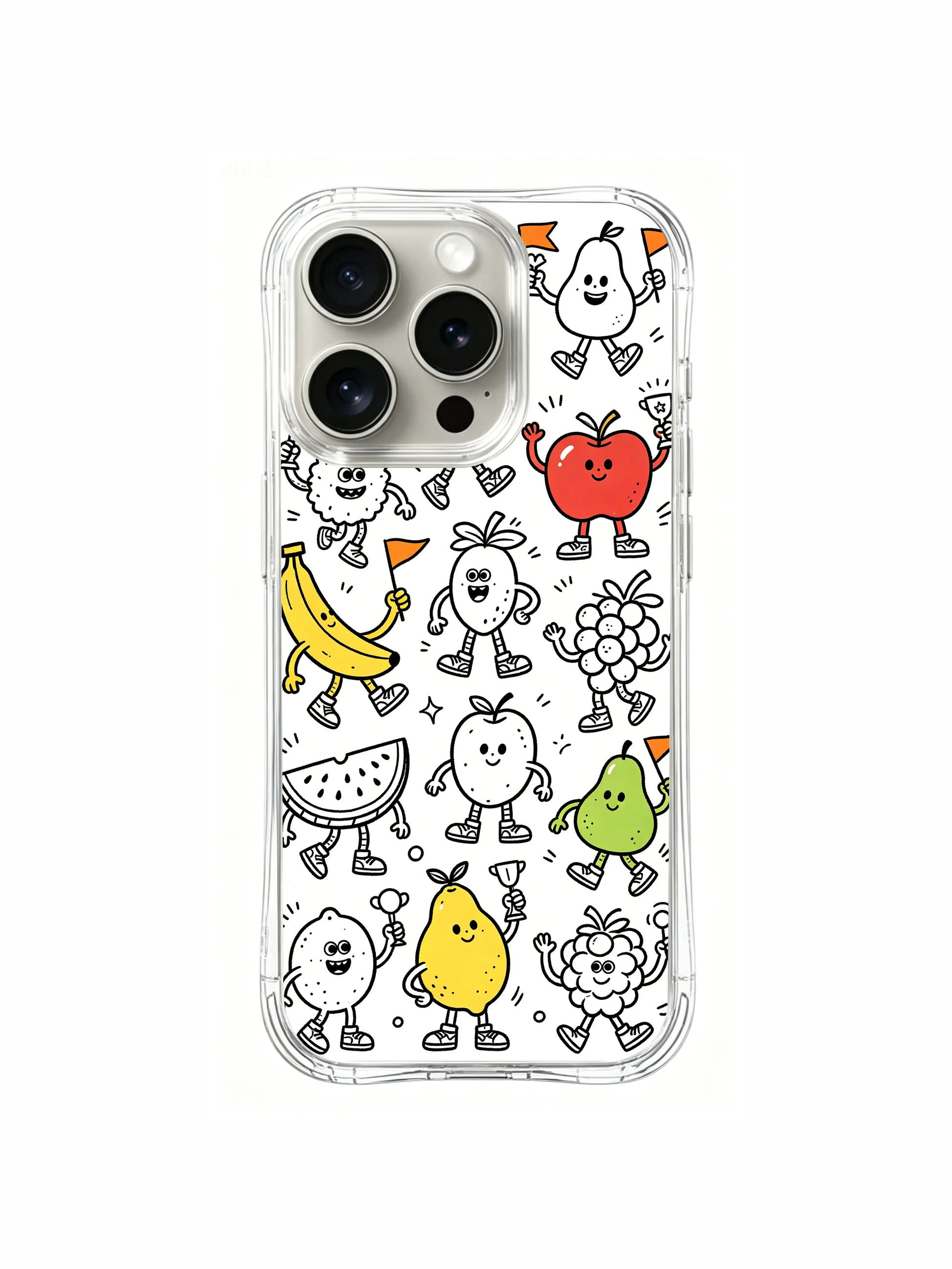 Naive hand-drawn fruit sports festival sketch iPhone 16 pro Case, tough scratch-resistant phone casing, original collab artist phone cover by PhoneCasing.