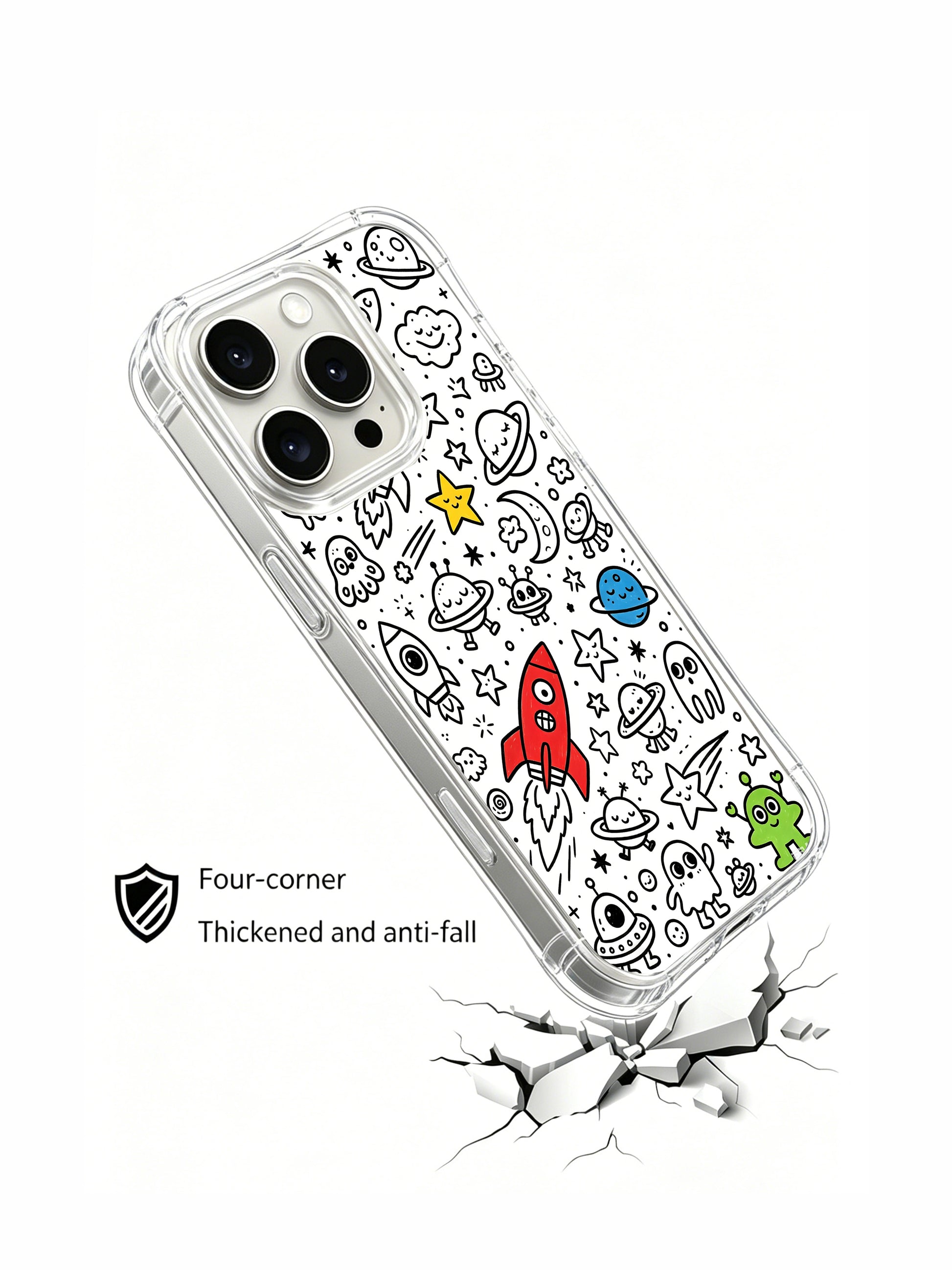 Naive hand-drawn interstellar villager sketch iPhone 15 pro Case, tough scratch-resistant phone casing, original collab artist phone cover by PhoneCasing.