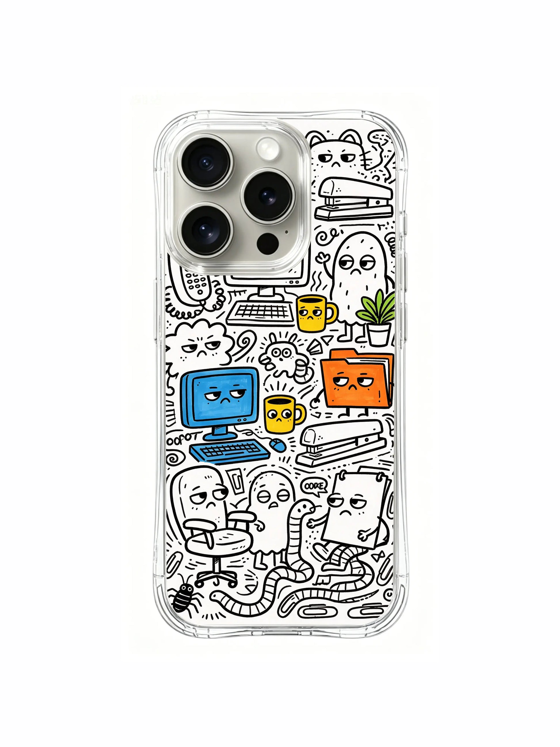 Naive hand-drawn monster office villager sketch iPhone 15 pro Case, tough scratch-resistant phone casing, original collab artist phone cover by PhoneCasing.