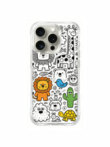 Naive-style monster zoo sketch artwork on an iPhone 15 Pro case