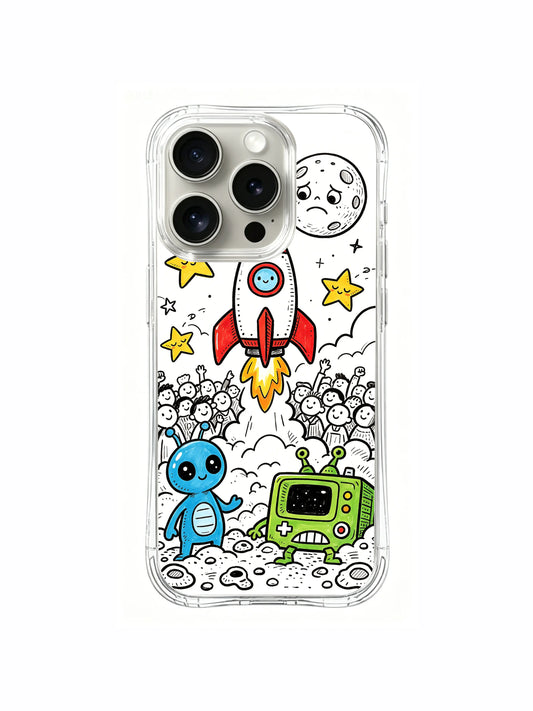 Naive hand-drawn rocket launch sketch iPhone 15 pro Case, tough scratch-resistant phone casing, original collab artist phone cover by PhoneCasing.