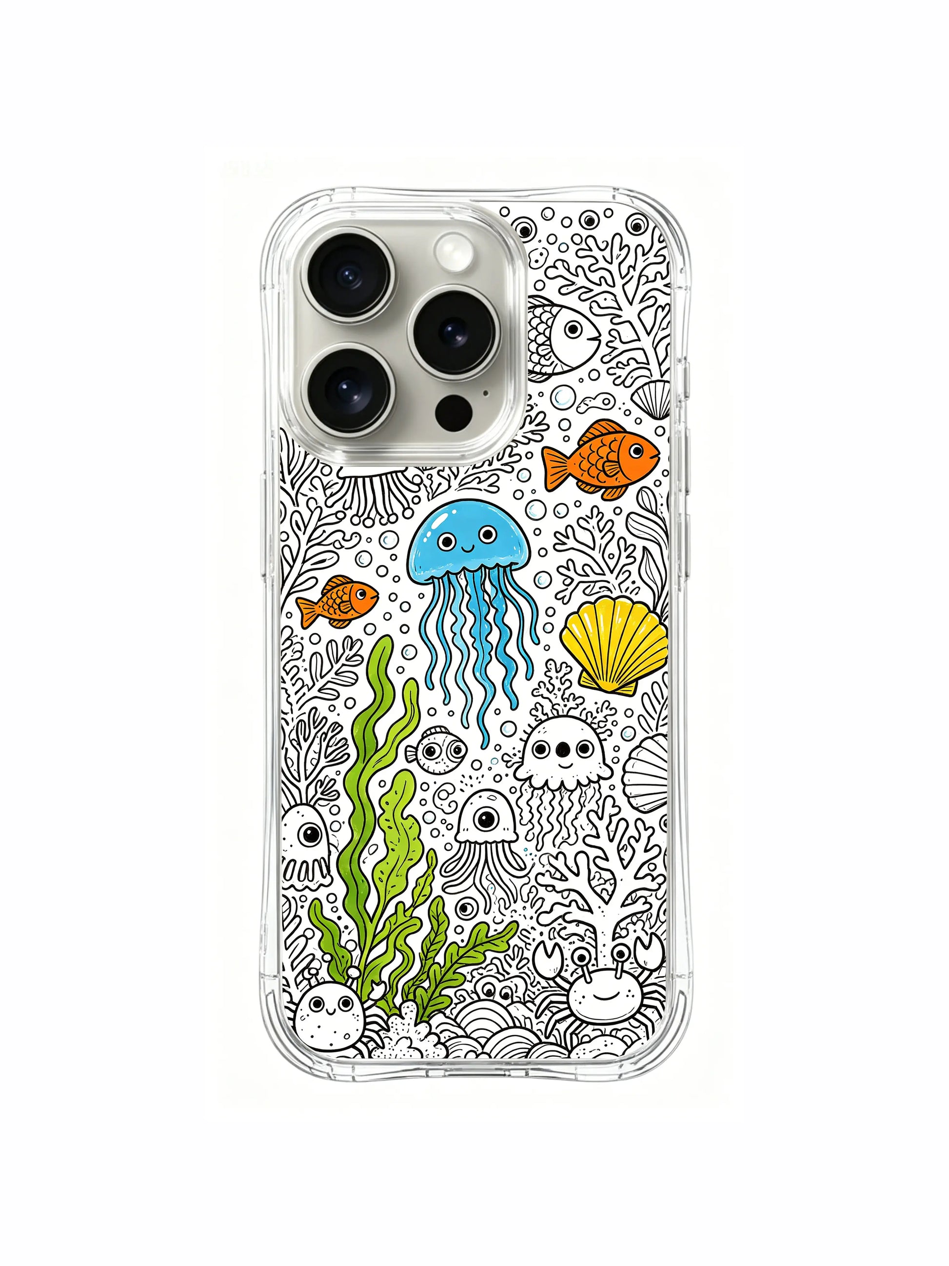 Naive hand-drawn underwater villager sketch iPhone 15 pro Case, tough scratch-resistant phone casing, original artist collab phone cover by PhoneCasing.