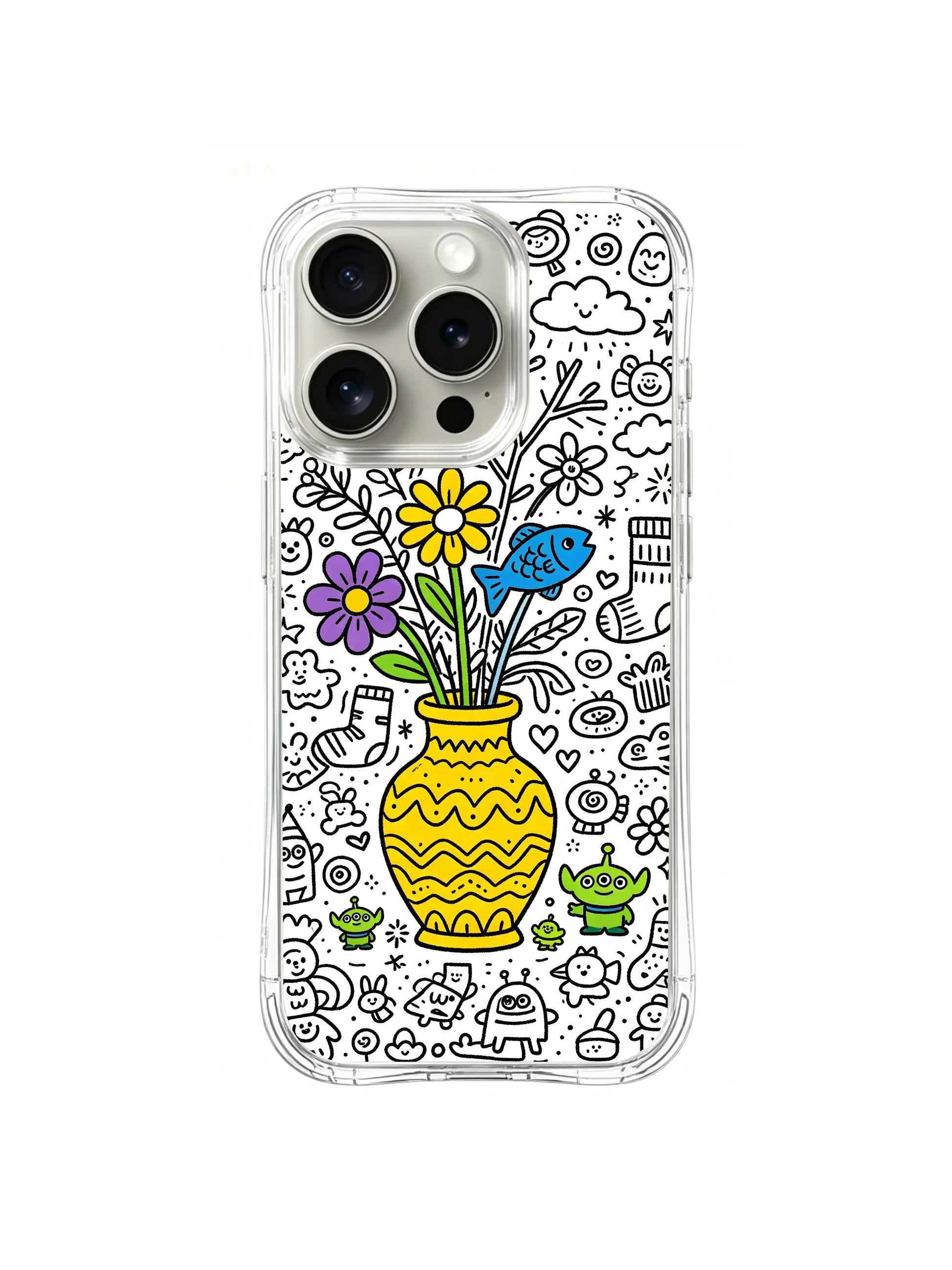 Naive hand-drawn vase surprise sketch iPhone 15 pro Case, tough scratch-resistant phone casing, original collab artist phone cover by PhoneCasing.