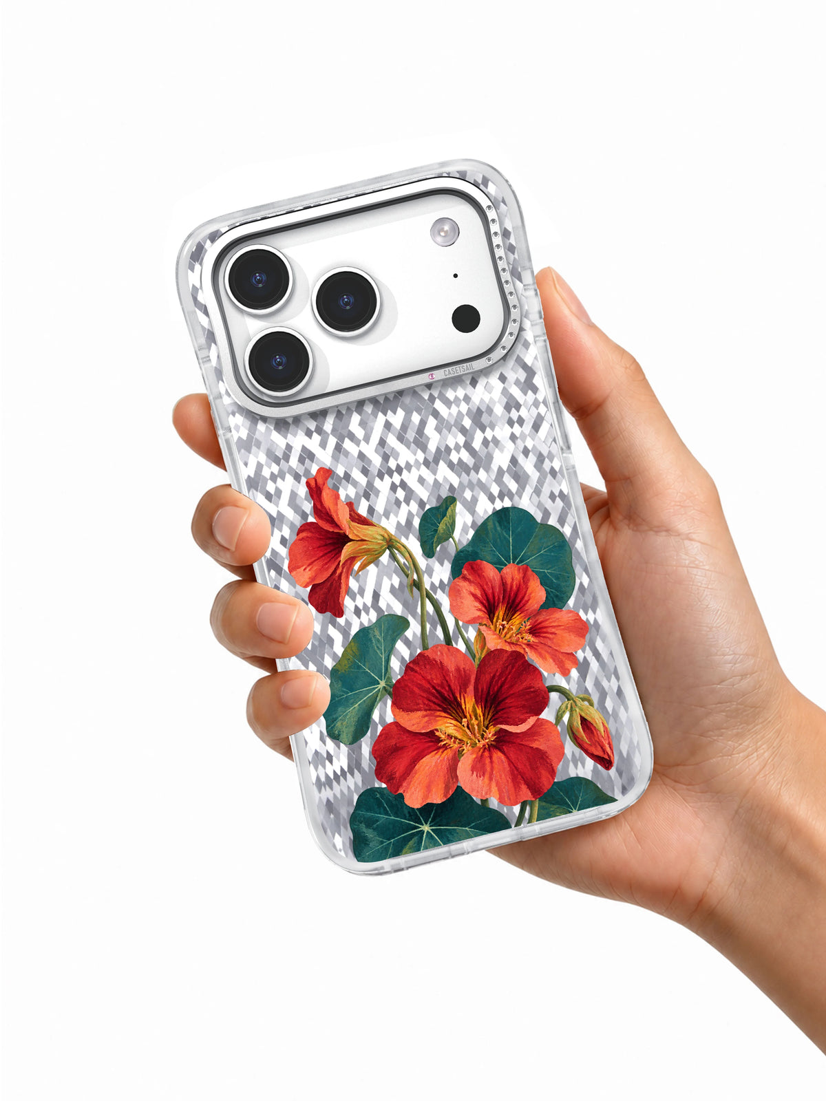 Nasturtium Loop transparent iPhone case held in hand
