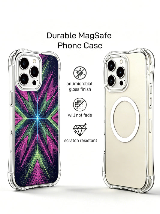 PhoneCasing iPhone 14 Pro Max Case showcasing a Navajo-style neon mandala pattern, slim transparent anti-drop case with glowing stippled art.