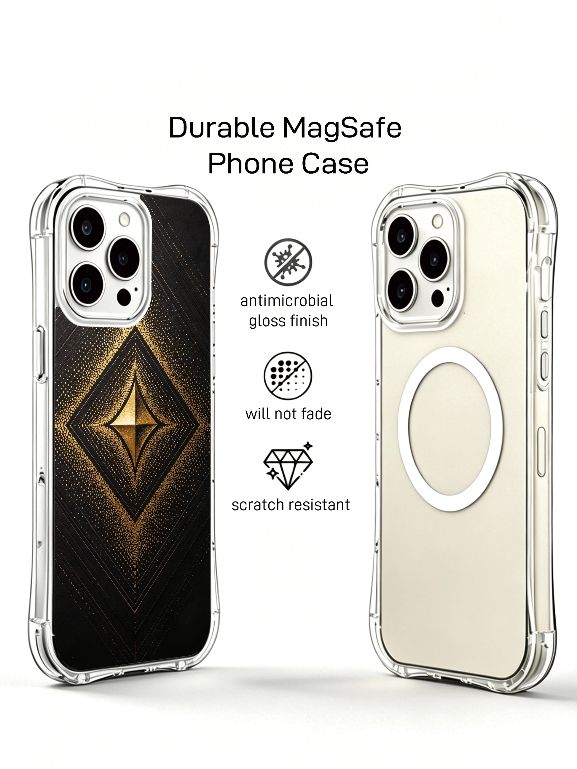  PhoneCasing iPhone 14 Pro Max Case showcasing a minimalist Navajo tribal diamond motif in metallic gold, slim transparent anti-drop case.