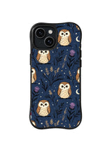 Navy Crescent Owl Field: Cream owls alternate with crescent moons and fine meadow plants.