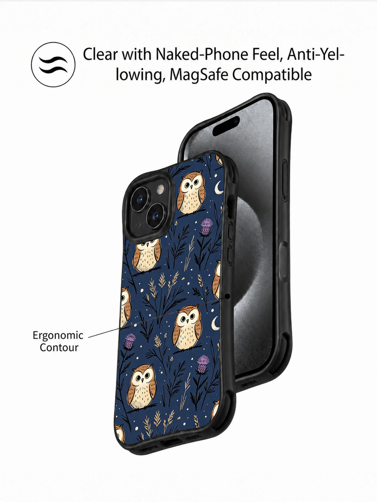 Navy Owl Thistle Meadow: front and back presentation of the case.