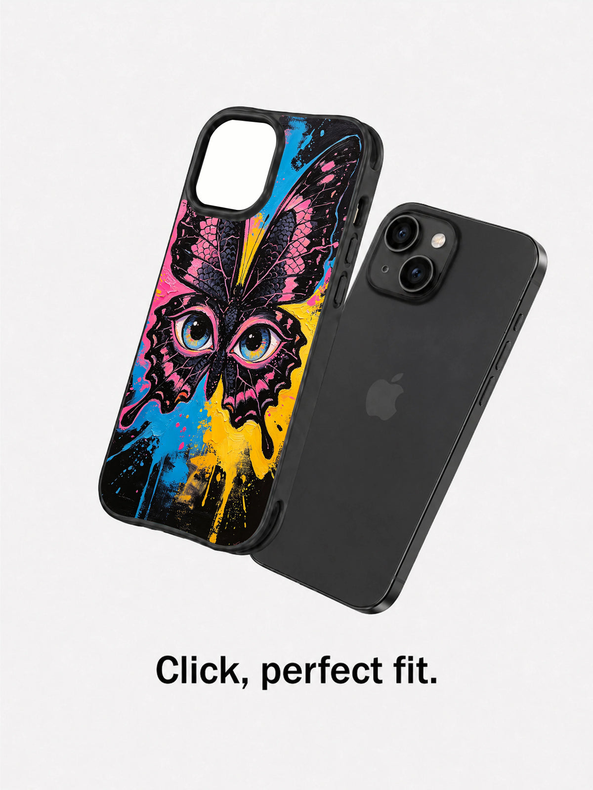Neon Butterfly Guardian iPhone 15 Plus case fit view