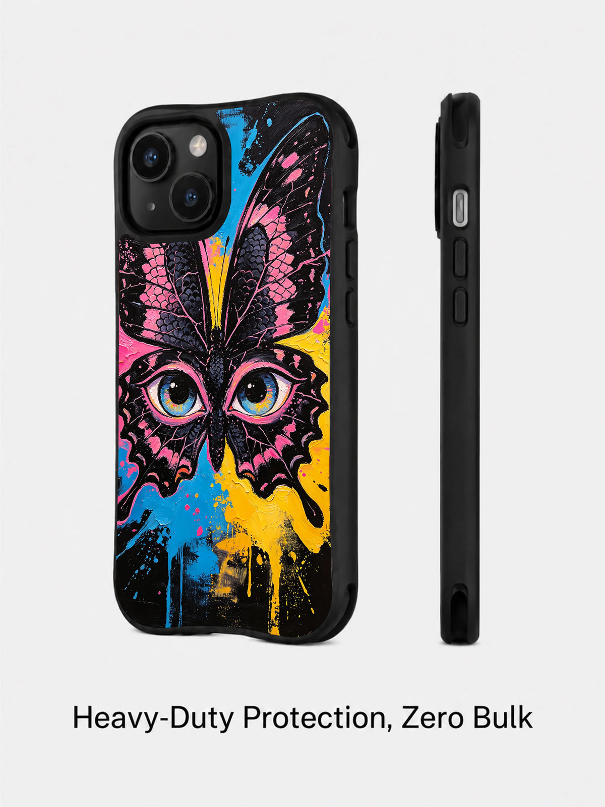Neon Butterfly Guardian iPhone 15 Plus case side profile