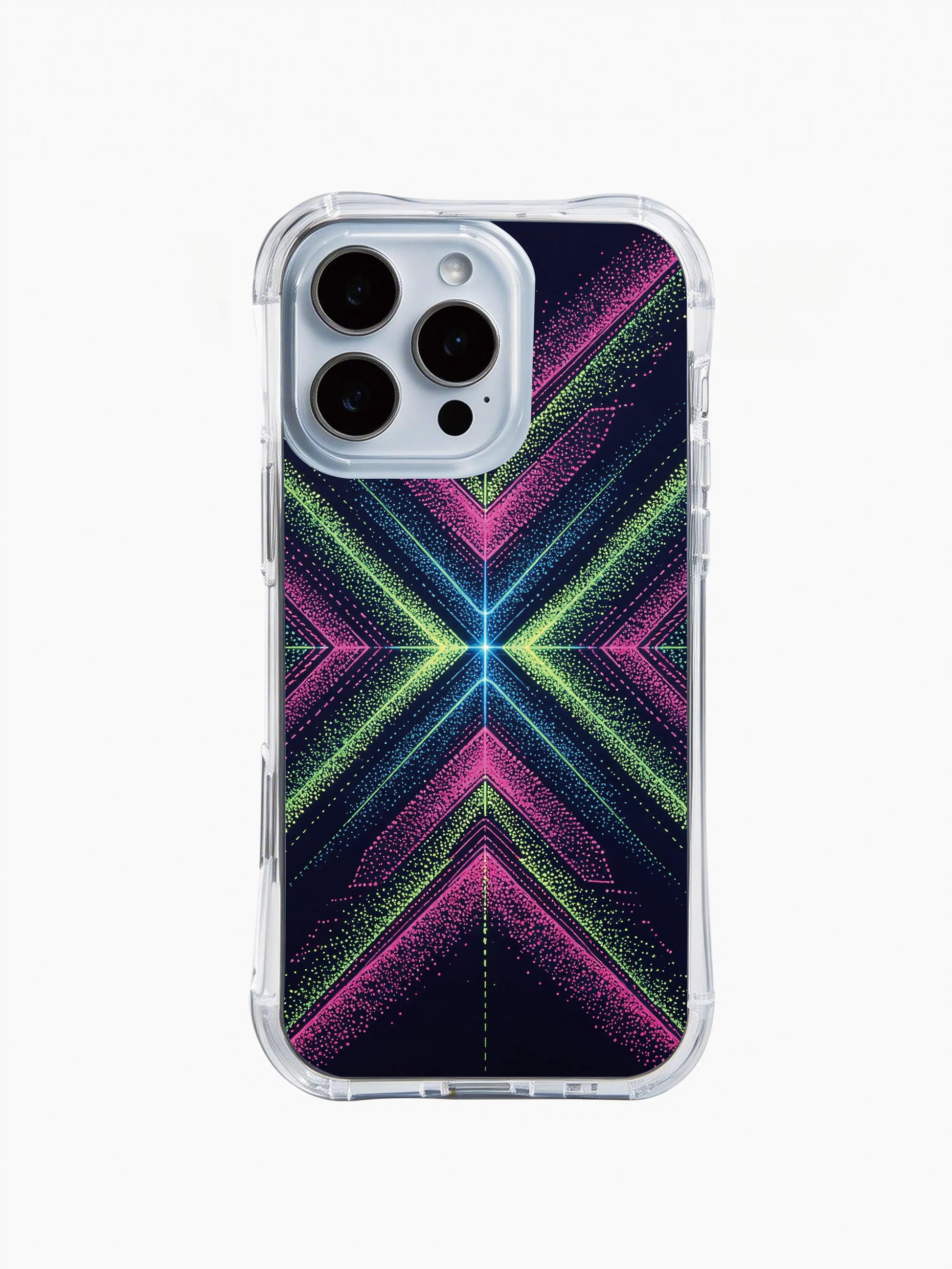  PhoneCasing iPhone 14 Pro Max Case featuring a neon diamond geometric design, premium clear anti-drop protective shell with glowing hues.
