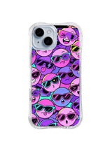 Neon Shades Face Crowd: Overlapping pink and purple cartoon faces wear cyan, lime and magenta sunglasses.