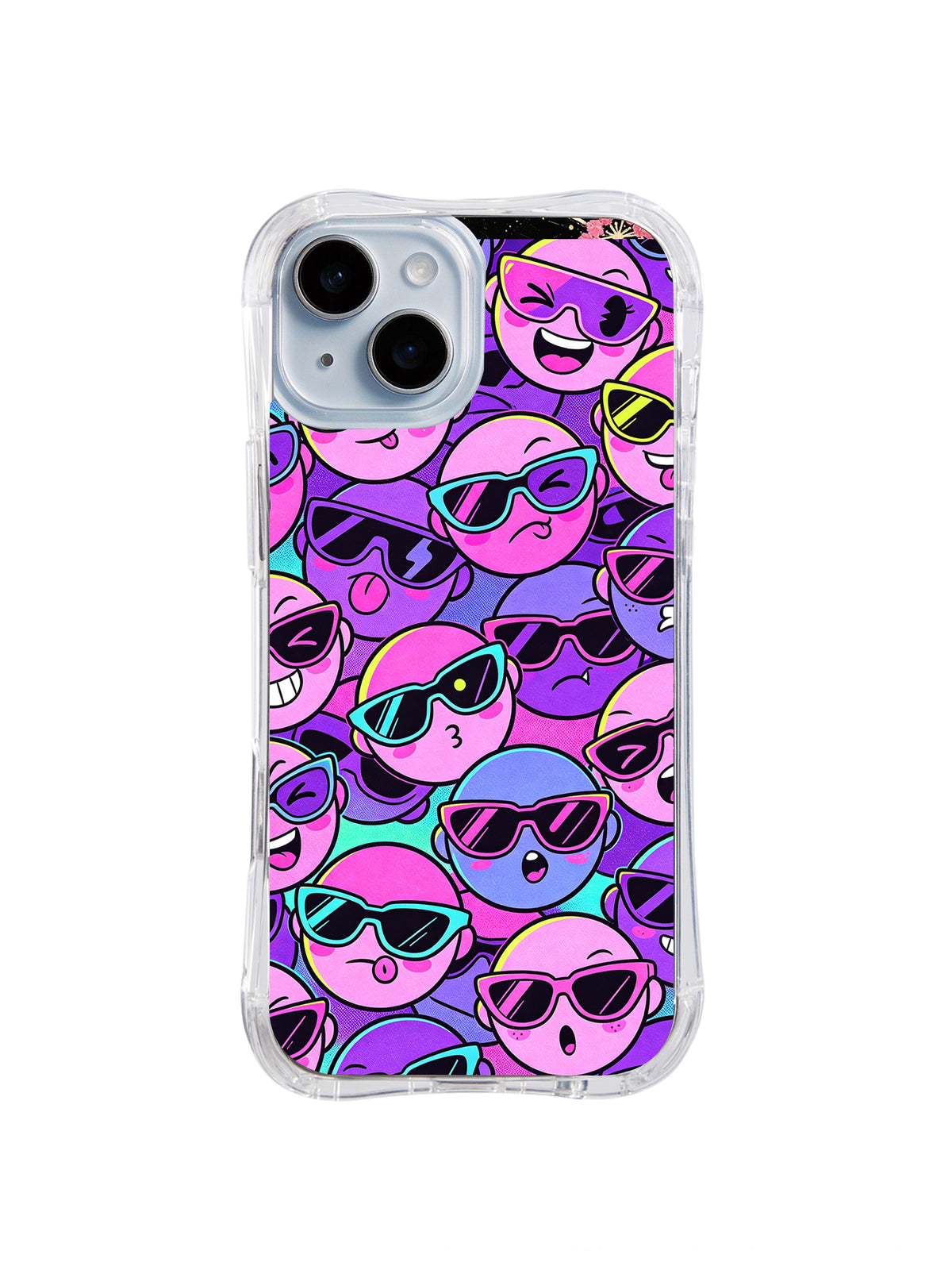 Neon Shades Face Crowd: Overlapping pink and purple cartoon faces wear cyan, lime and magenta sunglasses.
