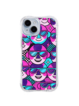 Electric Star Vision Faces: Large smiling sunglass faces alternate with stars and geometric panels in pink, cyan and purple.