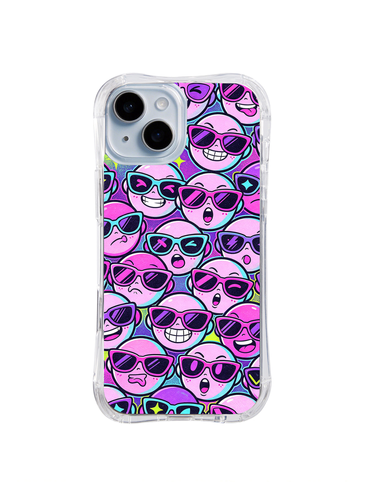 Future City Face Parade: A dense repeat of pink and purple sunglass faces uses cyan highlights and varied expressions.