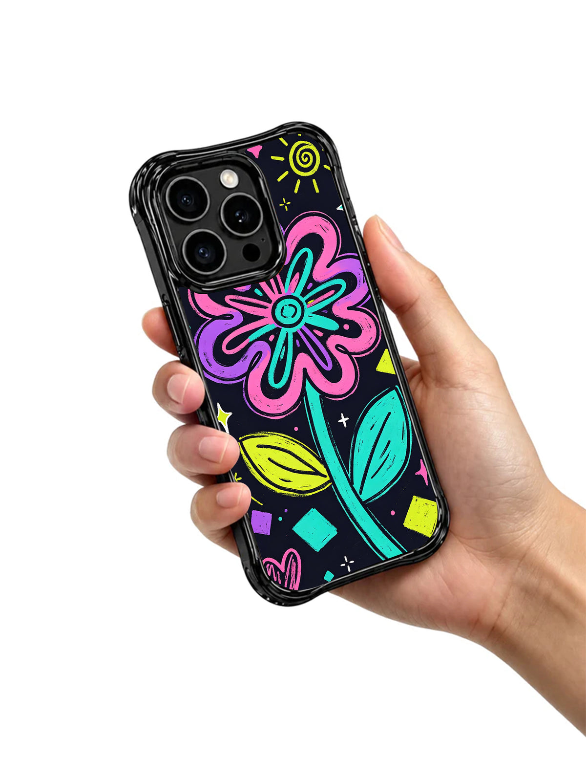 Neon Garden Dreams hand drawn pop art iPhone 16 Pro case view 5