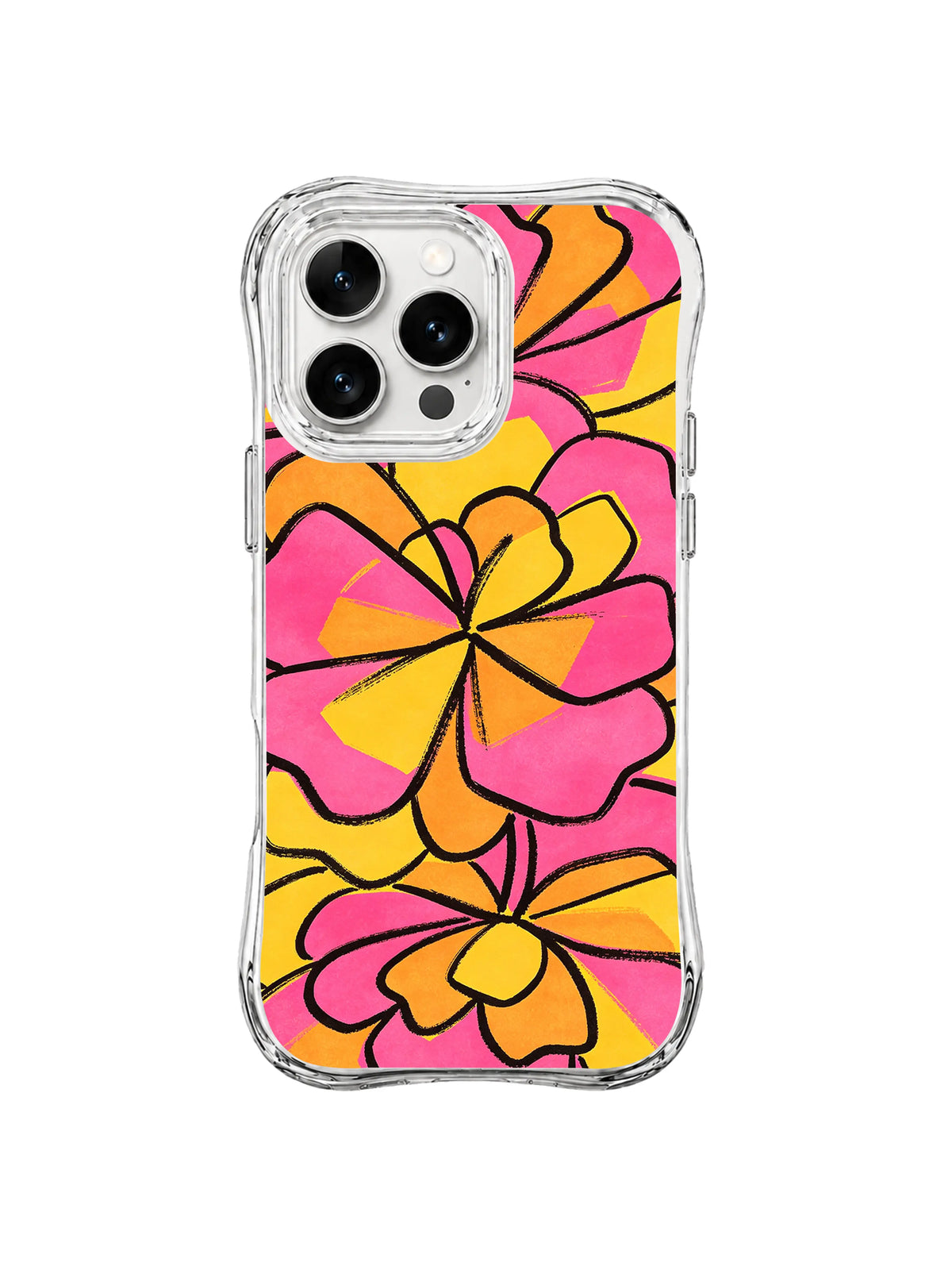 Hot Pink Petal Blocks: Oversized geometric hot pink and yellow petals use bold black outlines.