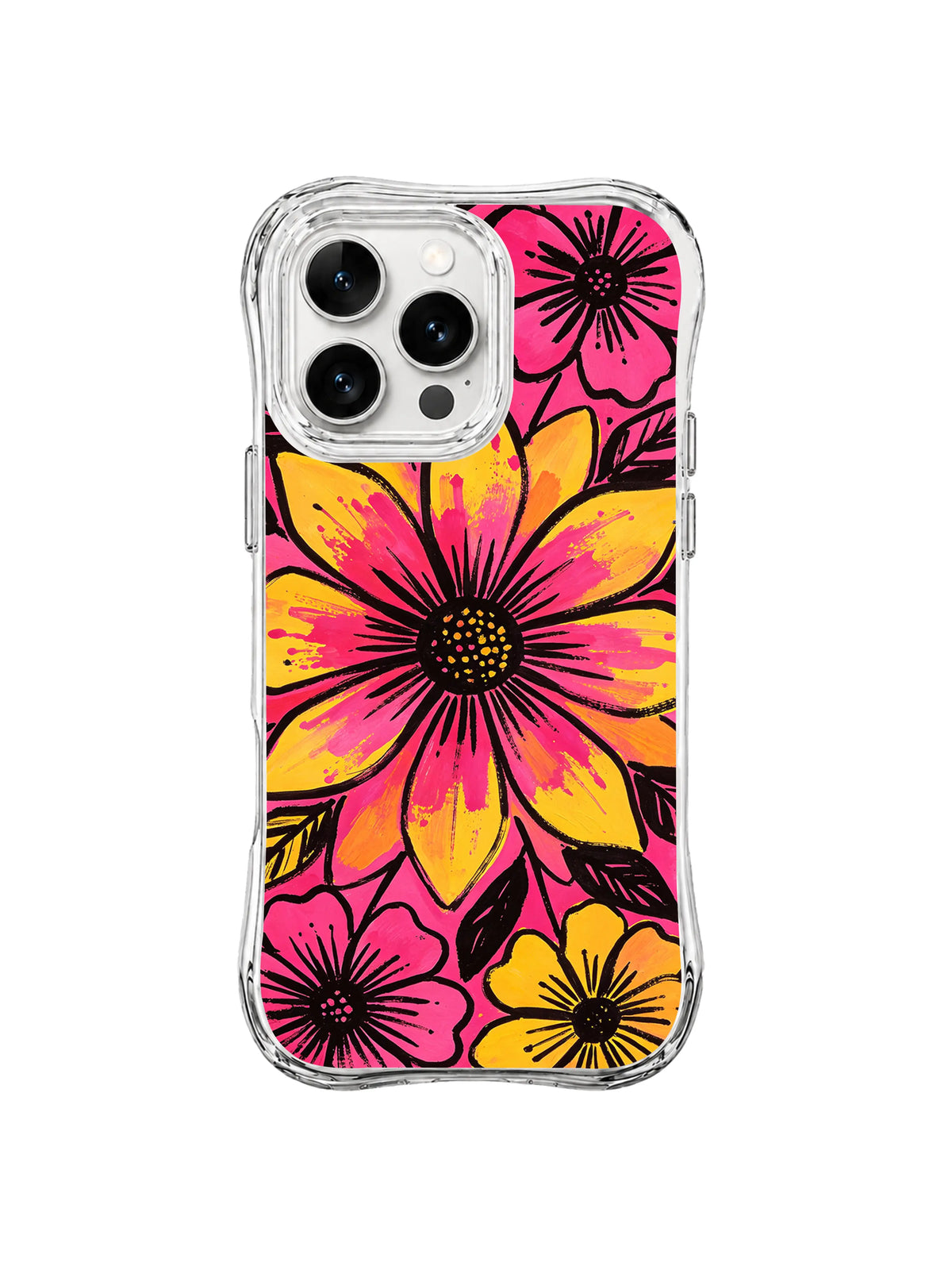 Sunburst Wildflower Chorus: Large pink and yellow wildflowers with black linework fill the case.