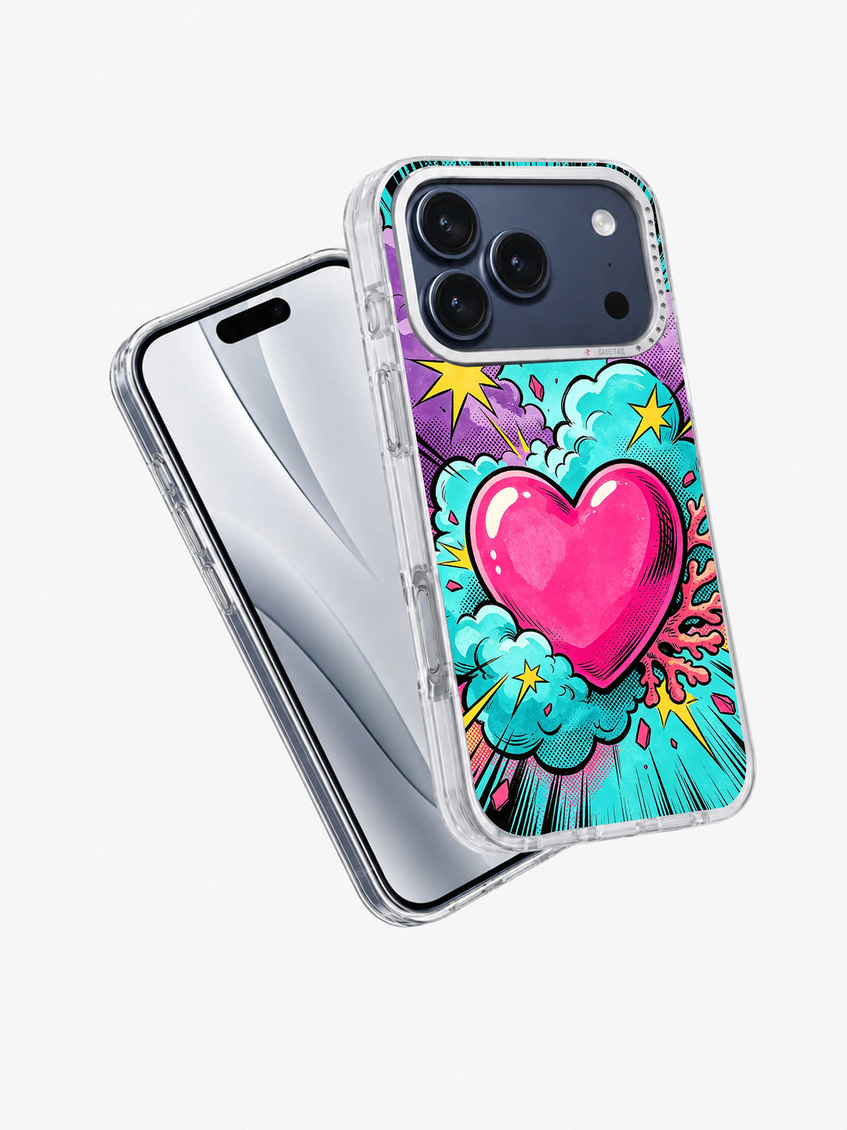 Angled phone-case view showing the Neon Heart Impact pink heart and turquoise comic-cloud artwork