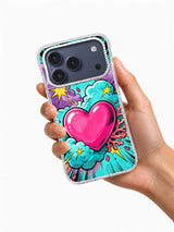 Hand-held phone-case view showing the Neon Heart Impact hot-pink heart pop-art design