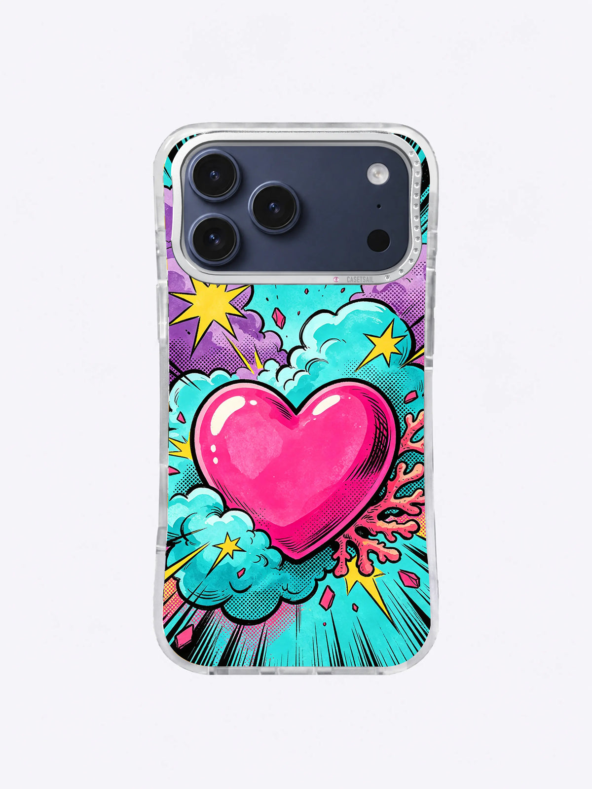 Turquoise Cloud Heart Burst pop-comic artwork with hot-pink heart, cyan clouds, violet halftone smoke, yellow stars, and black speed lines