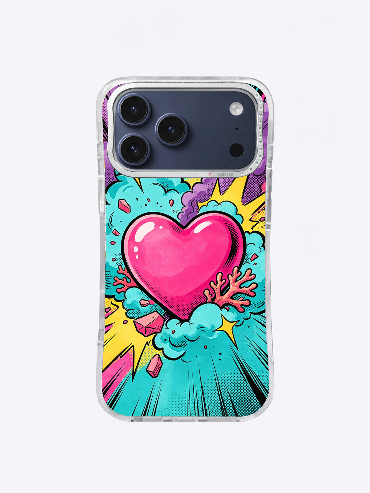 Violet Halftone Love Impact pattern with giant pink heart, turquoise clouds, purple dots, yellow wedges, and coral fragments