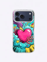 Coral Shard Heart Rush pattern with angled pink heart, blue clouds, purple bursts, coral fragments, and yellow impact shapes