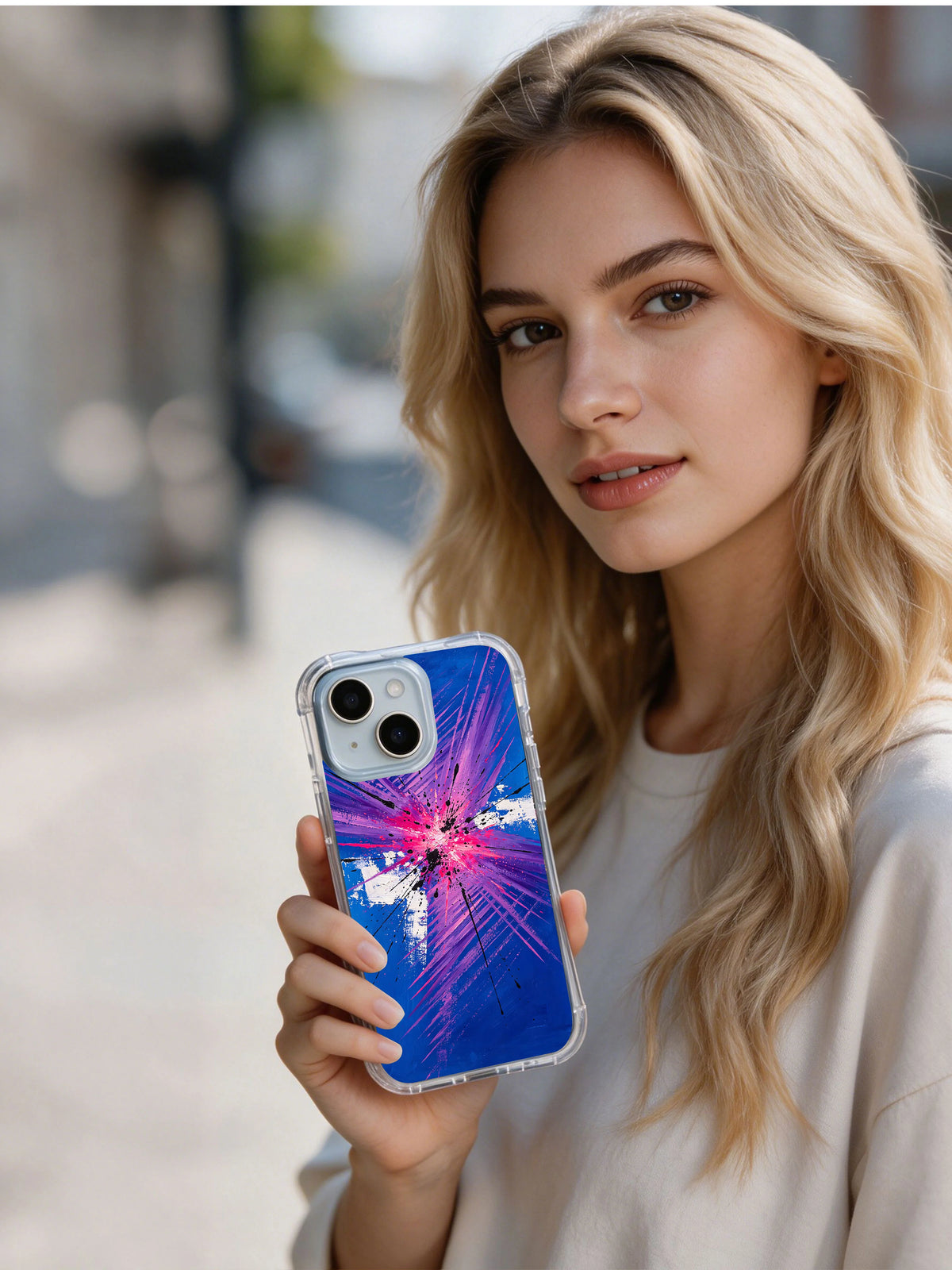 Neon Starburst Rhythm electric blue iPhone 15 Plus case angle view