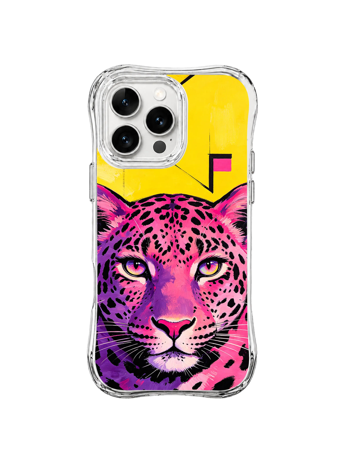 Magenta and purple leopard portrait with pale yellow eyes and angular pink accents on yellow iPhone 13 Pro Max case