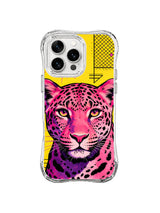 Pink and purple leopard portrait beneath a black grid arrow motif on yellow iPhone 13 Pro Max case